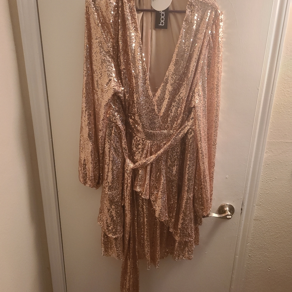Boohoo Rose gold sequin skater dress